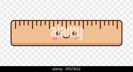 Wooden measuring ruler vector illustration featuring a cute kawaii smiling face and grid marks Stock Vector