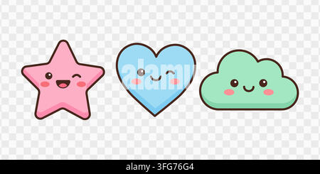 Collection of graphic elements vector illustration featuring cute kawaii stars hearts and clouds Stock Vector