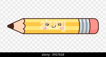 Yellow wooden pencil vector illustration featuring a cute kawaii smiling face Stock Vector