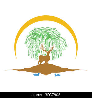 This creative and artistic graphic illustration features a majestic deer standing beneath a lush green willow tree, framed by a golden arch above and Stock Vector