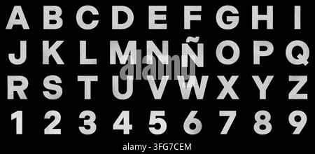 Full alphabet letters and numbers in crumpled paper texture on black background Stock Photo