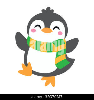 Cute Christmas penguin character wearing green yellow striped scarf isolated on white background. Kawaii winter bird mascot for holiday greeting card, Stock Vector