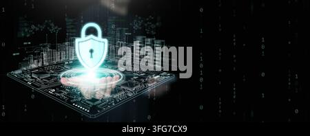 Cybersecurity concept. A man hand with glowing shield padlock over circuit board for system and data protection, security, privacy, and safety with bi Stock Photo