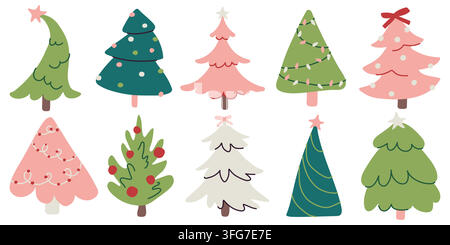 Cute minimalist Christmas trees clipart set for holiday greeting card design Stock Vector