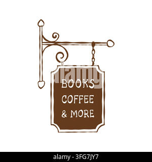 Vintage Books and Coffee street sign. Outdoor signage for a bookstore and coffee shop. Isolated vector outline illustration. Linear clipart.  Stock Vector