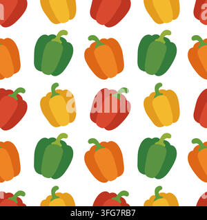 Vegetable food organic fresh healthy cooking produce garden natural vector pattern featuring colorful sweet peppers in red, yellow, orange and green, Stock Vector