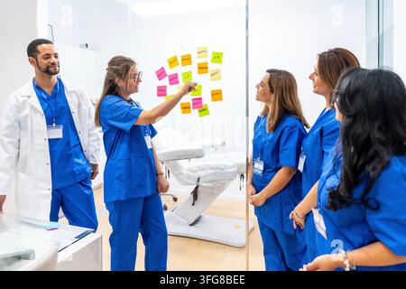Medical professionals and doctors in scrubs collaborating and brainstorming during a meeting, sharing ideas on a glass wall with colorful sticky notes Stock Photo