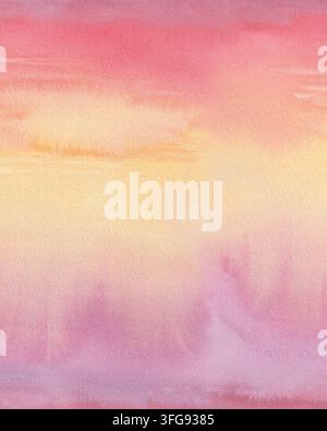 Soft abstract watercolor background with blended pink, peach, coral and warm yellow tones. Hand painted paper texture with delicate washes and natural Stock Photo