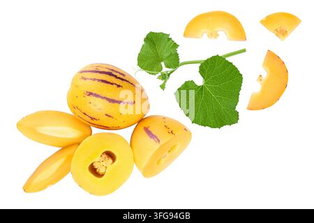 Fresh Pepino fruit isolated on white background. Top view, flat lay Stock Photo