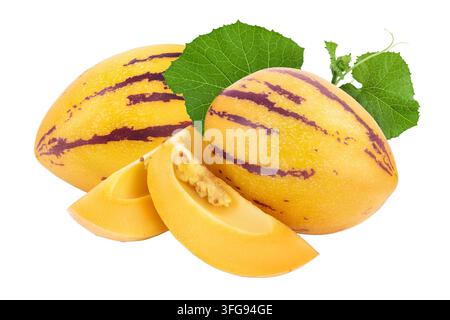 Fresh Pepino fruit with leaves isolated on white background. Stock Photo