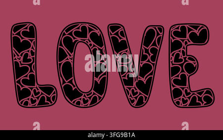 Love lettering with hearts pattern on pink. Bold chunky decorative typography. Vector illustration Stock Vector