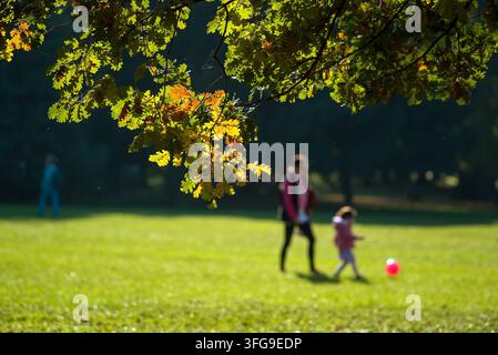 Defocused mother and child playing with ball in the park Stock Photo