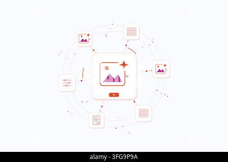 Generative AI creative tools with connected technology symbols and editable geometric shapes. Stock Vector