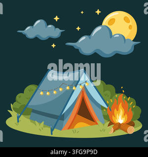 Night campsite with illuminated tent, campfire, moon, clouds and stars. Cartoon vector illustration Stock Vector