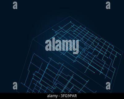 Modern technology-inspired 3D wire cube with layered lines and connection points Stock Vector