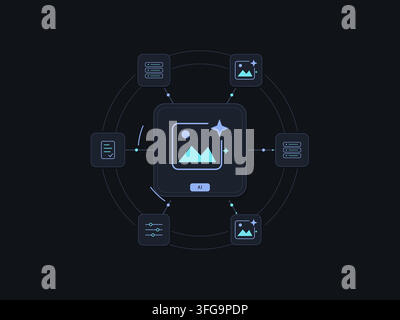 Generative AI creative tools with connected technology symbols and editable geometric shapes. Stock Vector