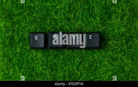 Save Word Made From Keyboard Keys On Green Grass Stock Photo