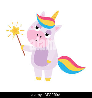 Cute bored unicorn cartoon character holding magic wand isolated on white background. Funny tired unicorn mascot vector illustration for sarcasm, bad Stock Vector