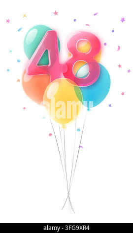 Vibrant 48 birthday celebration featuring a pink number surrounded by translucent, glossy glassmorphism balloons in teal, orange, yellow, and blue, ac Stock Vector
