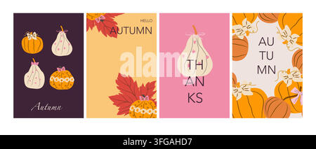 Collection of playful fall posters with whimsical pumpkins, feminine ribbon bows and delicate autumn foliage, arranged pink and white colors as flat minimalist hand drawn vector illustrations. Stock Vector
