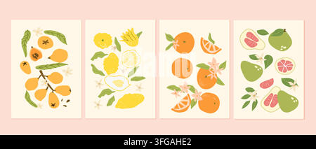 Modern minimalist poster featuring an eclectic selection of citrus fruits, including Chinese mandarin, citron and pomelo, flat style, hand drawn vector illustration. Stock Vector
