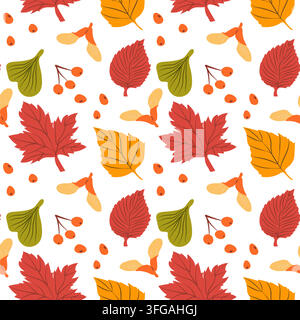 Seamless leaf composition inspired by natural fall foliage, with layered emerald and moss leaves complemented by orange-yellow, cool pink and rich red accents, rendered in a modern flat hand drawn Stock Vector