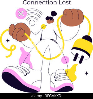 Connection Lost Vector Illustration Featuring Wireless Network Failure, Offline Communication, Internet Outage, Digital Disconnection, and Technology Stock Vector