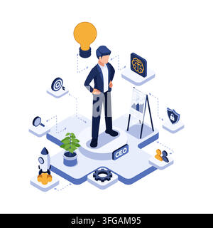 Isometric Entrepreneur Mindset Concept with Ceo Character Surrounded by Business Icon. Stock Vector