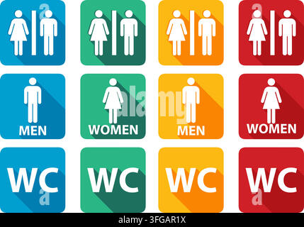 Restroom sign vector set featuring twelve colorful flat icons with long shadows displaying men, women, and WC symbols in blue, green, yellow, red. Stock Vector