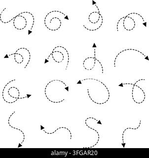 Dotted curved arrows vector set featuring sixteen different loop, swirl, and wave path illustrations with black arrowheads on a white background. Stock Vector