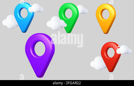 Colorful 3D map location pin icons vector set featuring blue, green, yellow, purple, and red markers decorated with fluffy white clouds on gray. Stock Vector