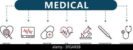 Medical line icon vector infographic featuring seven outline symbols including heart check, ECG monitor, medicine capsule, microscope, and stethoscope Stock Vector