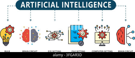 Artificial intelligence line icon vector infographic featuring six colorful symbols including light bulb, brain circuit, eye setting, and computer. Stock Vector