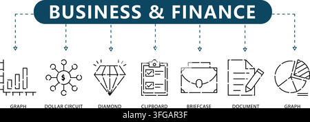 Business and finance line icon vector infographic featuring seven outline symbols including financial graphs, dollar circuit, diamond, and briefcase. Stock Vector