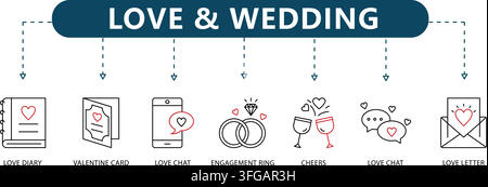 Love and wedding line icon vector infographic featuring seven outline symbols including diary, valentine card, engagement rings, cheers, and letter. Stock Vector