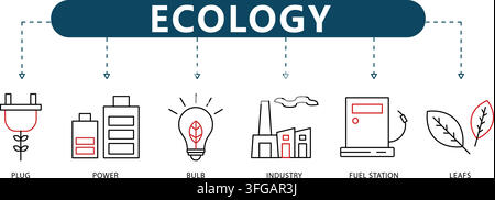 Ecology line icon vector infographic featuring six outline symbols including electric plug, power batteries, eco bulb, industry, and green leaves. Stock Vector