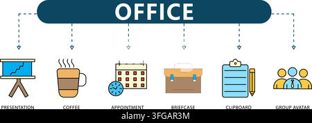 Office line icon vector infographic featuring six colorful symbols including presentation board, coffee cup, appointment calendar, briefcase, and team Stock Vector