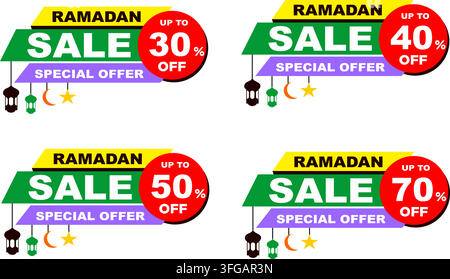 Ramadan sale banner vector set featuring four colorful promotional labels with 30, 40, 50, and 70 percent off discount offers and festive hanging icon Stock Vector