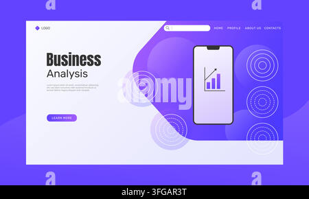 Business analysis landing page vector template featuring a smartphone with growth charts, purple gradient design, and a call-to-action button. Stock Vector