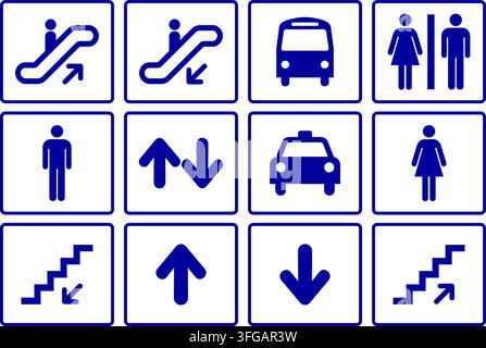 Blue and white navigation sign vector set featuring twelve square icons for public transit, escalators, stairs, restrooms, and directional arrows. Stock Vector