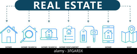 Real estate line icon vector infographic featuring seven gradient outline symbols including home, search, document, key, smartphone, and location map. Stock Vector