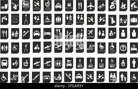 Airport and navigation sign vector set featuring a comprehensive collection of black tile icons for restrooms, elevators, transit, and facilities. Stock Vector