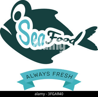 Seafood vector logo featuring a stylized fish silhouette, custom typography with "Sea Food", and a banner reading "Always Fresh" in blue Stock Vector