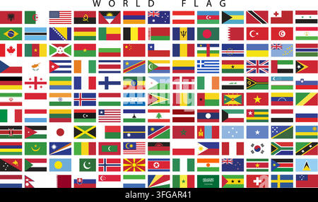 World flags vector set featuring a comprehensive collection of colorful national banners and international country emblems arranged in a grid. Stock Vector