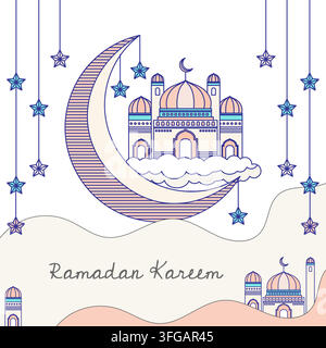 Ramadan Kareem vector illustration featuring a detailed mosque on clouds, large crescent moon, hanging decorative stars, and festive colors. Stock Vector