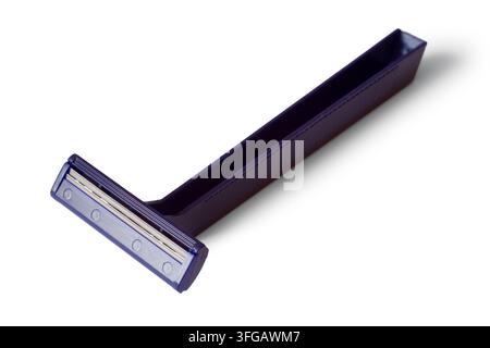 Cheap disposable razor on white background. Plastic razor with double blade. Stock Photo