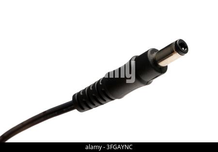 Close-up of a standard 12V DC barrel power supply plug connector on white Stock Photo