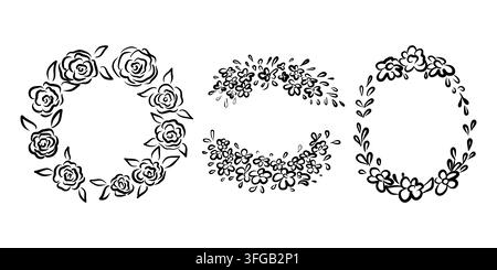 Hand drawn floral wreaths and elegant circle and oval frames with roses and leaves for wedding invitations, greeting cards, logos, stationery, brandin Stock Vector