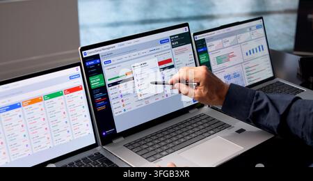 Revenue Cycle Manager Reviews Healthcare Claims Data On Laptop For Recovery Progress. Stock Photo