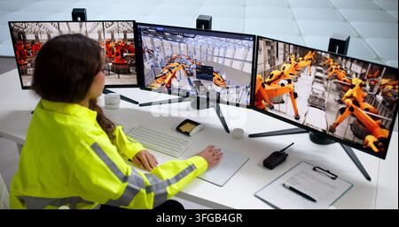 Female Engineer Closely Monitors Automotive Plant’s Robotic Assembly Line Using SCADA Software. Stock Photo